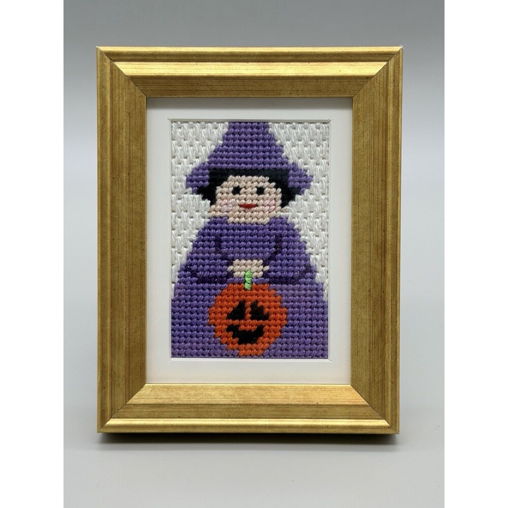 Stitch-Its Georgette's Angels Purple Witch Needlepoint Gold Framed Art Halloween